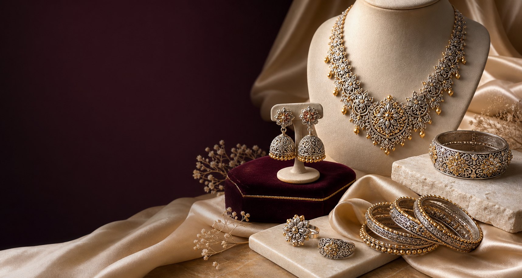 Silver and gold-polish jewellery arranged for Vyebhava Jewels